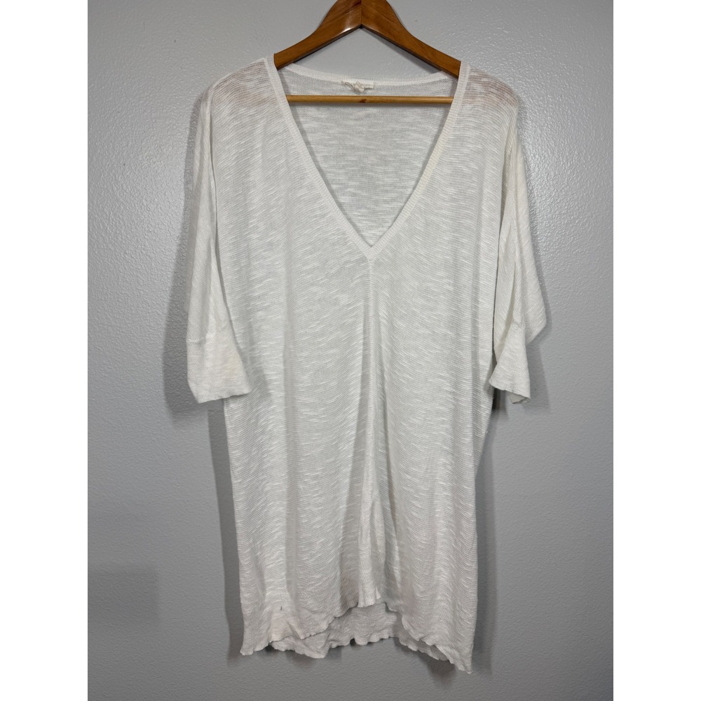Eileen Fisher Top Womens L White Organic Linen Cotton V-Neck Short Sleeve Tunic